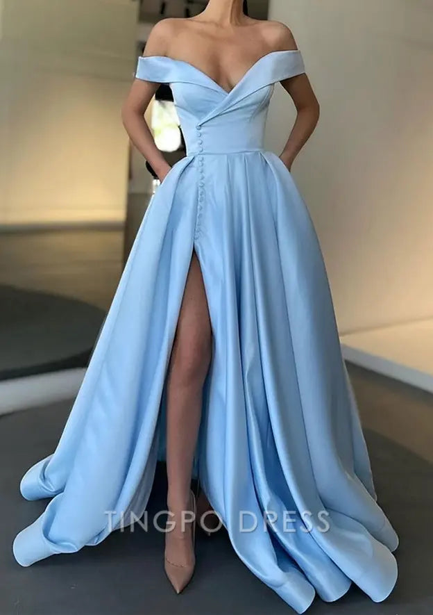 TingPo Wholesale Elegant A-line Off-the-Shoulder Sweep Train Satin Prom Dress With Pleated Pockets Split
